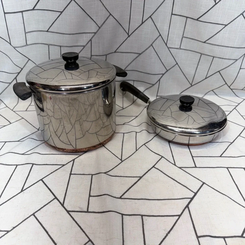Revere Ware Cookware Set 9in 6qt‎ Silver Copper Bottom Skillet Stock Pot 4pc